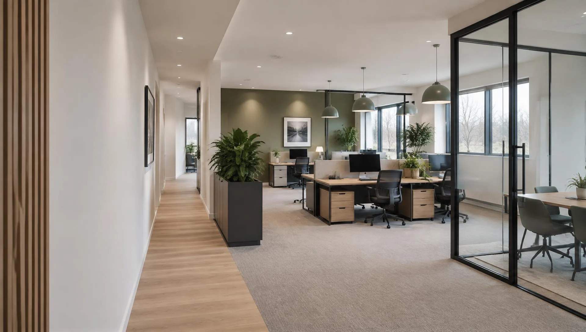 Office meeting space with painted walls and glass partitions