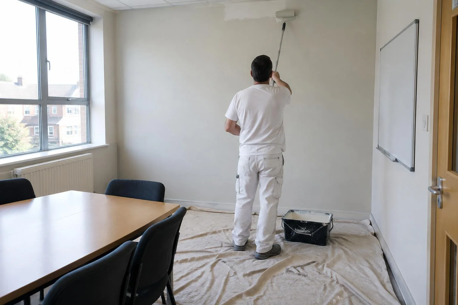 Decorator seen from behind rolling a meeting room wall
